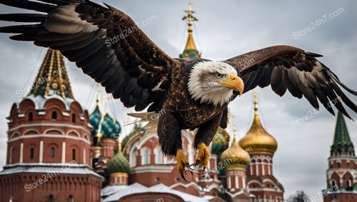 Eagle soars majestically above Moscow's historic Kremlin domes