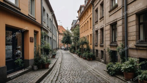 Eastern German Town Street with Potted Plants and Greenery