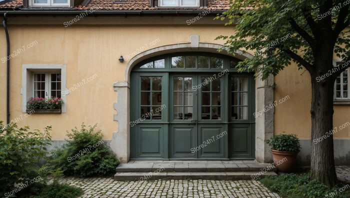 Elegant Bavarian House with Arched Doorway and Greenery