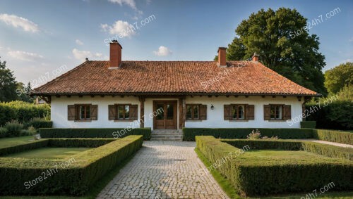 Elegant Bungalow with Manicured Hedges and Brick Pathway