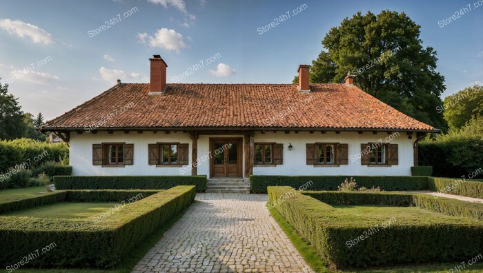 Elegant Bungalow with Manicured Hedges and Brick Pathway