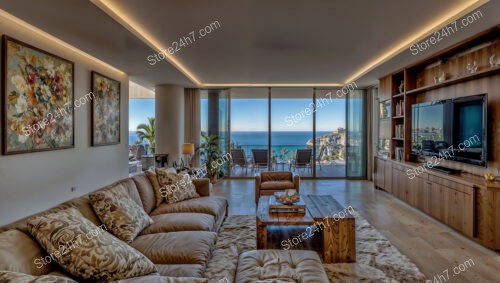 Elegant Coastal Living Room with Panoramic Mediterranean Views