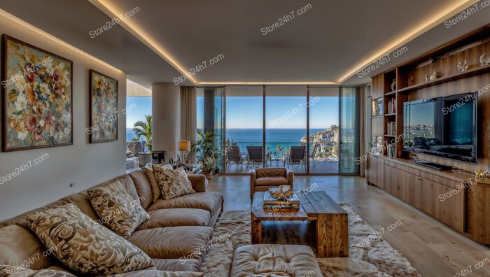 Elegant Coastal Living Room with Panoramic Mediterranean Views