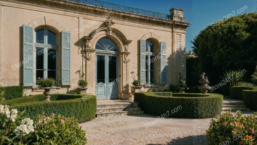 Elegant French Country Mansion with Blue Shutters and Gardens