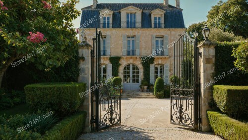 Elegant French Country Mansion with Iron Gates and Lush Gardens