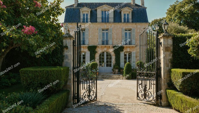 Elegant French Country Mansion with Iron Gates and Lush Gardens