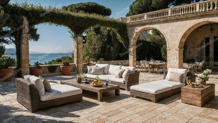 Elegant French Riviera Villa with Arched Terrace and Ocean View