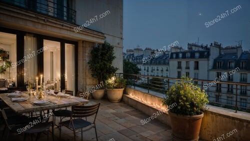Elegant French Terrace with Candlelit Evening Ambiance