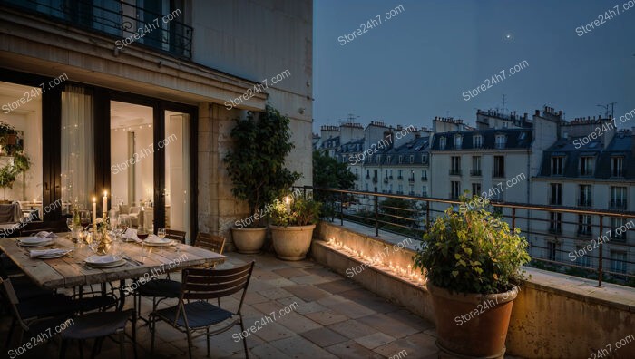 Elegant French Terrace with Candlelit Evening Ambiance