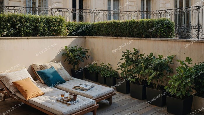 Elegant French Terrace with Comfortable Loungers and Greenery