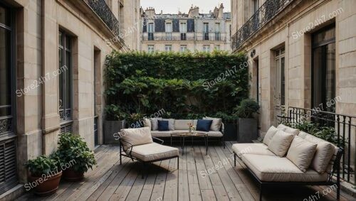 Elegant French Terrace with Cozy Seating and Lush Greenery