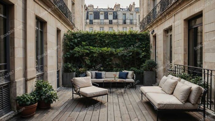 Elegant French Terrace with Cozy Seating and Lush Greenery