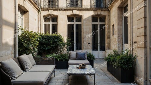 Elegant French Terrace with Marble Table and Greenery