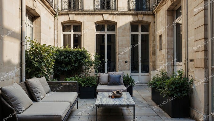 Elegant French Terrace with Marble Table and Greenery