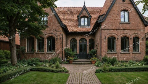 Elegant Gothic House with Manicured Garden and Arched Windows