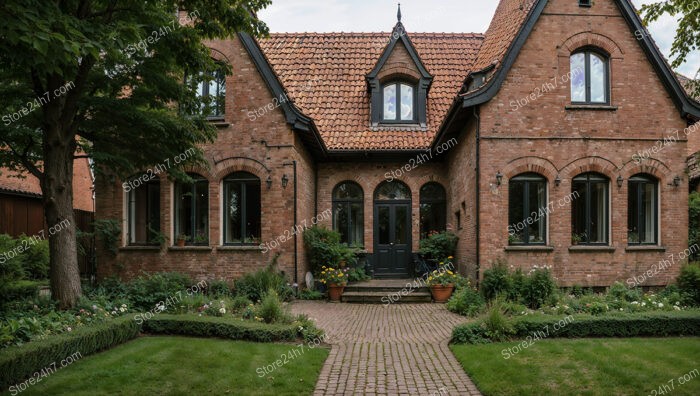 Elegant Gothic House with Manicured Garden and Arched Windows