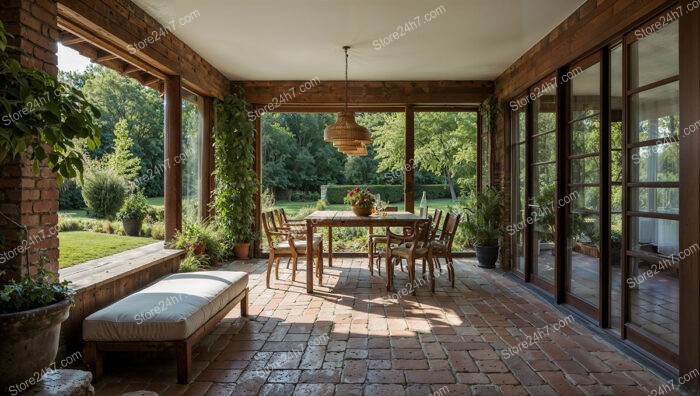 Elegant Indoor-Outdoor Space with Garden Views and Seating