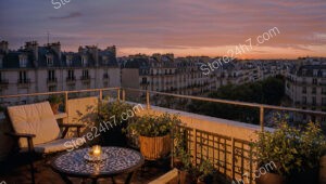 Elegant Parisian Apartment Terrace with Stunning Sunset View