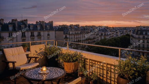 Elegant Parisian Apartment Terrace with Stunning Sunset View