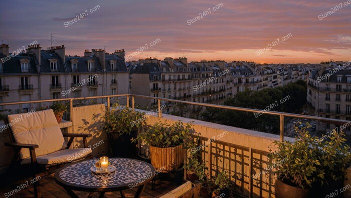 Elegant Parisian Apartment Terrace with Stunning Sunset View