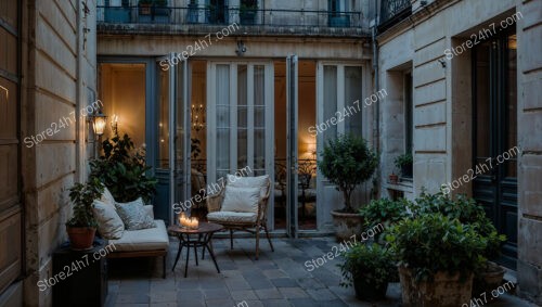 Elegant Parisian Terrace with Candlelit Charm and Cozy Seating