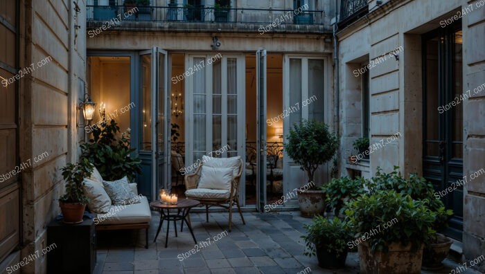 Elegant Parisian Terrace with Candlelit Charm and Cozy Seating