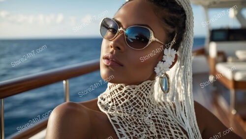 Elegant Respite: Stylish Woman Enjoying Yacht Ride in Paradise