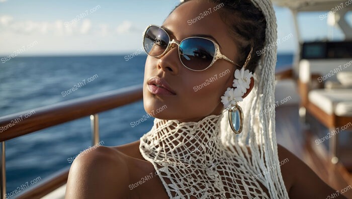 Elegant Respite: Stylish Woman Enjoying Yacht Ride in Paradise