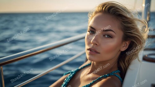 Elegant Solitude: Young Woman's Relaxing Yacht Journey at Sea