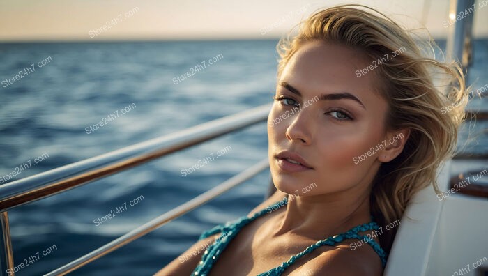 Elegant Solitude: Young Woman's Relaxing Yacht Journey at Sea