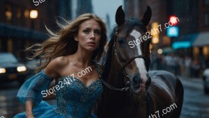 Elegant Woman and Horse Amidst the City Night Lights