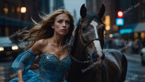 Elegant Woman and Horse Amidst the City Night Lights