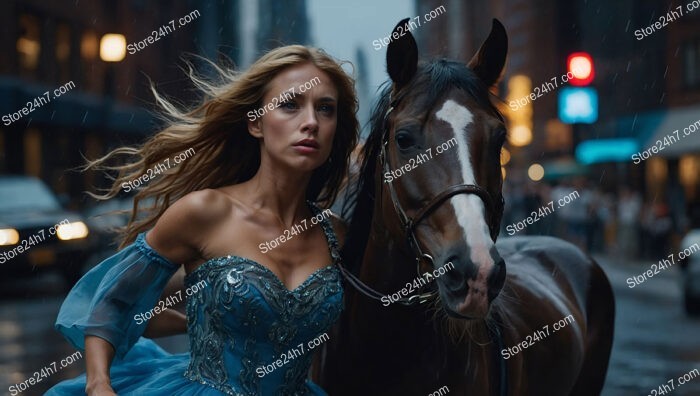 Elegant Woman and Horse Amidst the City Night Lights