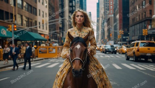 Elegant Woman in Flowing Dress Rides Horse Through City Streets