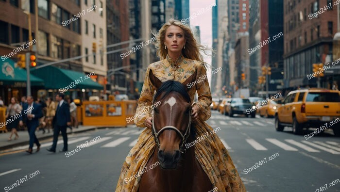 Elegant Woman in Flowing Dress Rides Horse Through City Streets