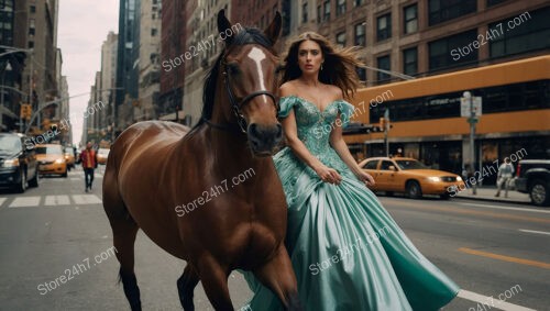 Elegant Woman in Turquoise Dress Walking Horse Through City
