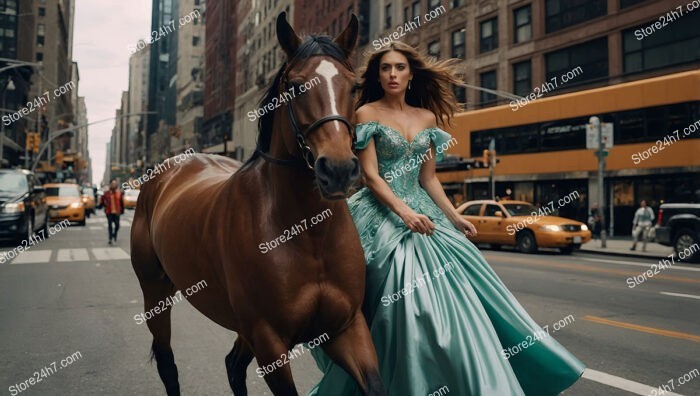 Elegant Woman in Turquoise Dress Walking Horse Through City