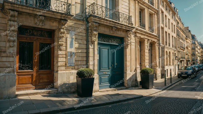 Elegant Wooden and Blue Doors in Historic French City Center