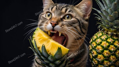 Excited Cat Enjoying a Fresh Slice of Pineapple