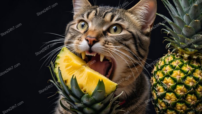 Excited Cat Enjoying a Fresh Slice of Pineapple