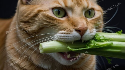 Feline Friend Munching on a Crisp Stalk of Celery