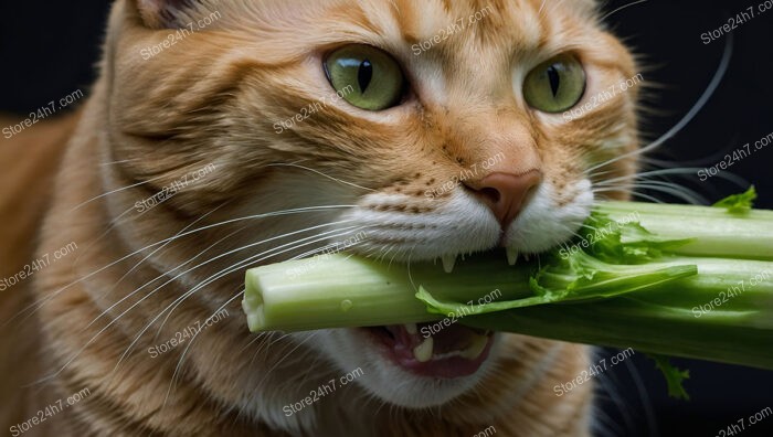 Feline Friend Munching on a Crisp Stalk of Celery