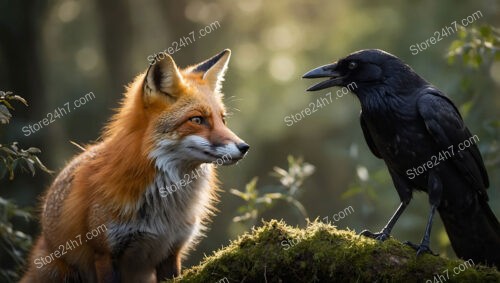 Fox and Crow Engage in Witty Battle Over Cheese Piece