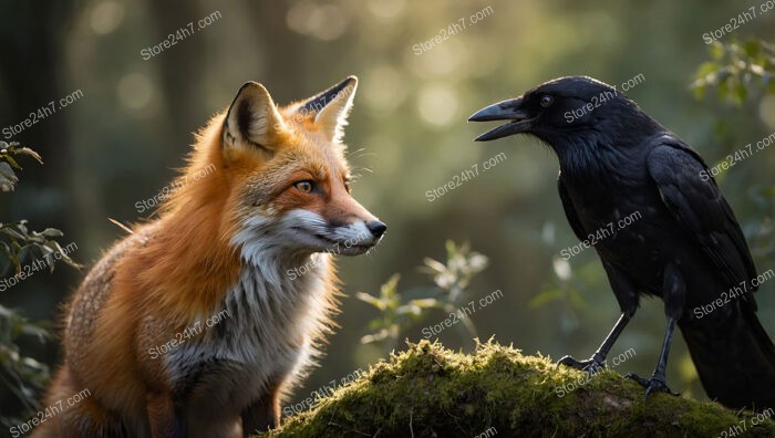 Fox and Crow Engage in Witty Battle Over Cheese Piece