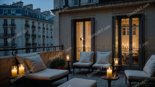 French Apartment Terrace with Candlelit Evening Ambiance