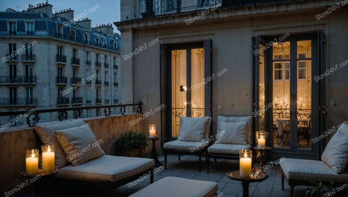 French Apartment Terrace with Candlelit Evening Ambiance