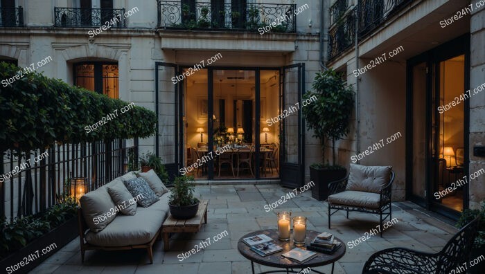 French City Apartment Terrace with Candlelit Evening Ambiance