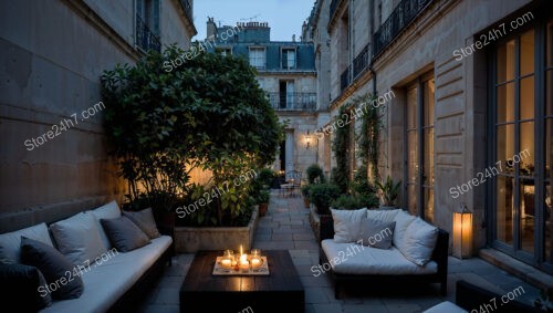 French City Apartment Terrace with Cozy Evening Ambiance