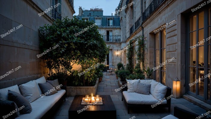 French City Apartment Terrace with Cozy Evening Ambiance