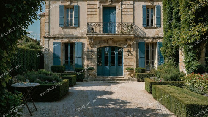 French Country Estate: Classic Manor with Elegant Blue Shutters